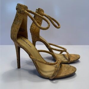 bebe Cork-Texture Strappy High Heel Sandals in Natural